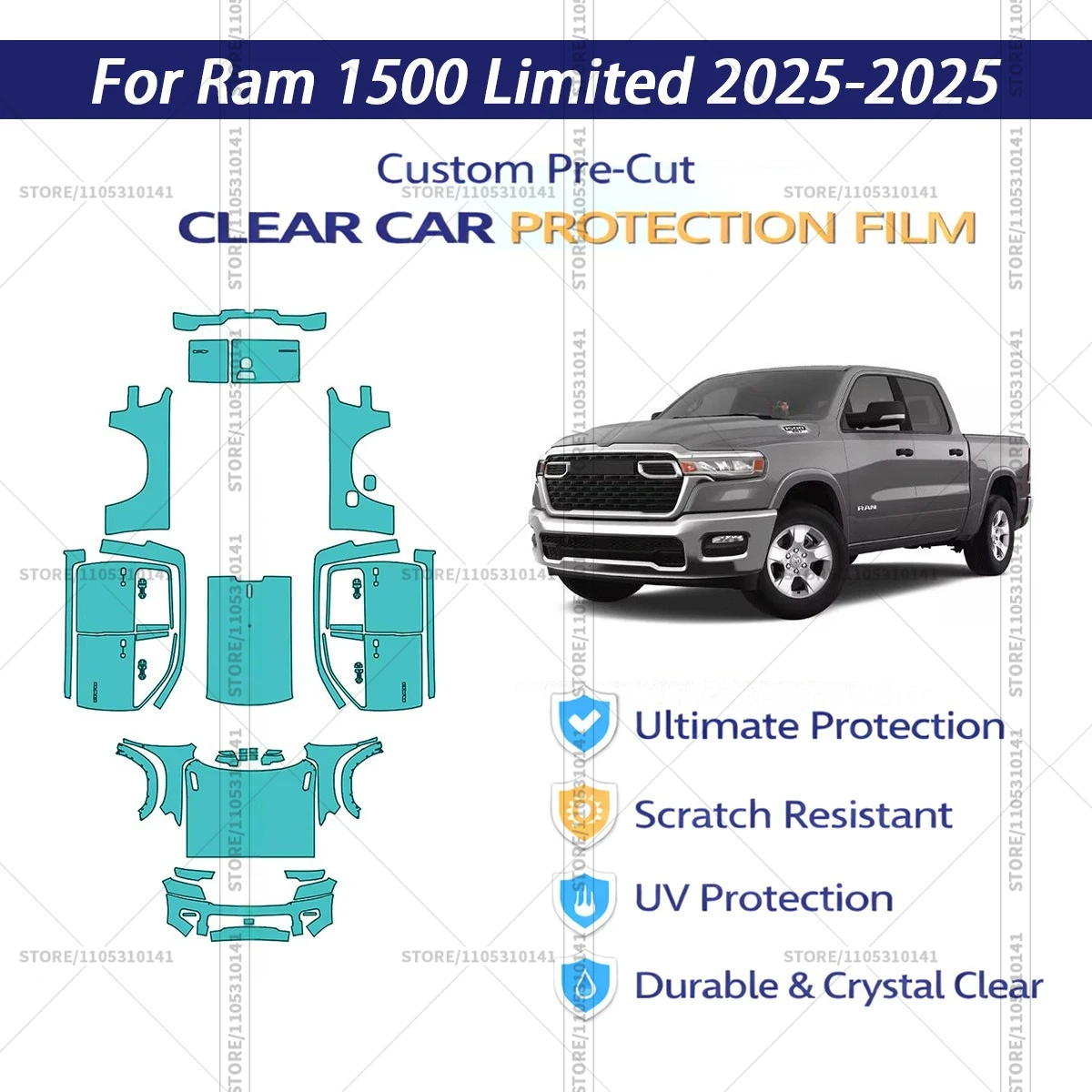 For Ram-1500-Limited-2025-2025 Pre-Cut Paint Protection Film PPF Transparent Car Film Automotive PPF
