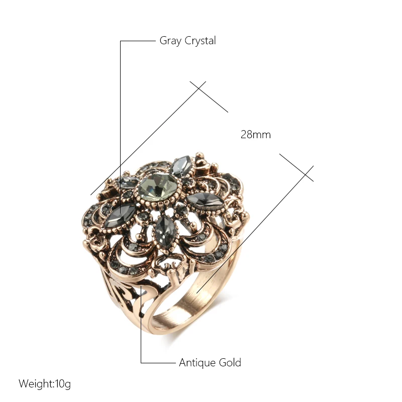 Wbmqda Hot Vintage Rings for Women Grey Crystal Hollow Carved Flower Antique Gold Color Fine Wedding Jewelry Daily Accessories