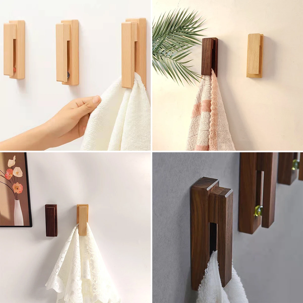 Scandinavian Wooden Towel Hooks No-Hole Bathroom Home Furnishings Strong Adhesive Wall Hooks Wall Coat Hooks