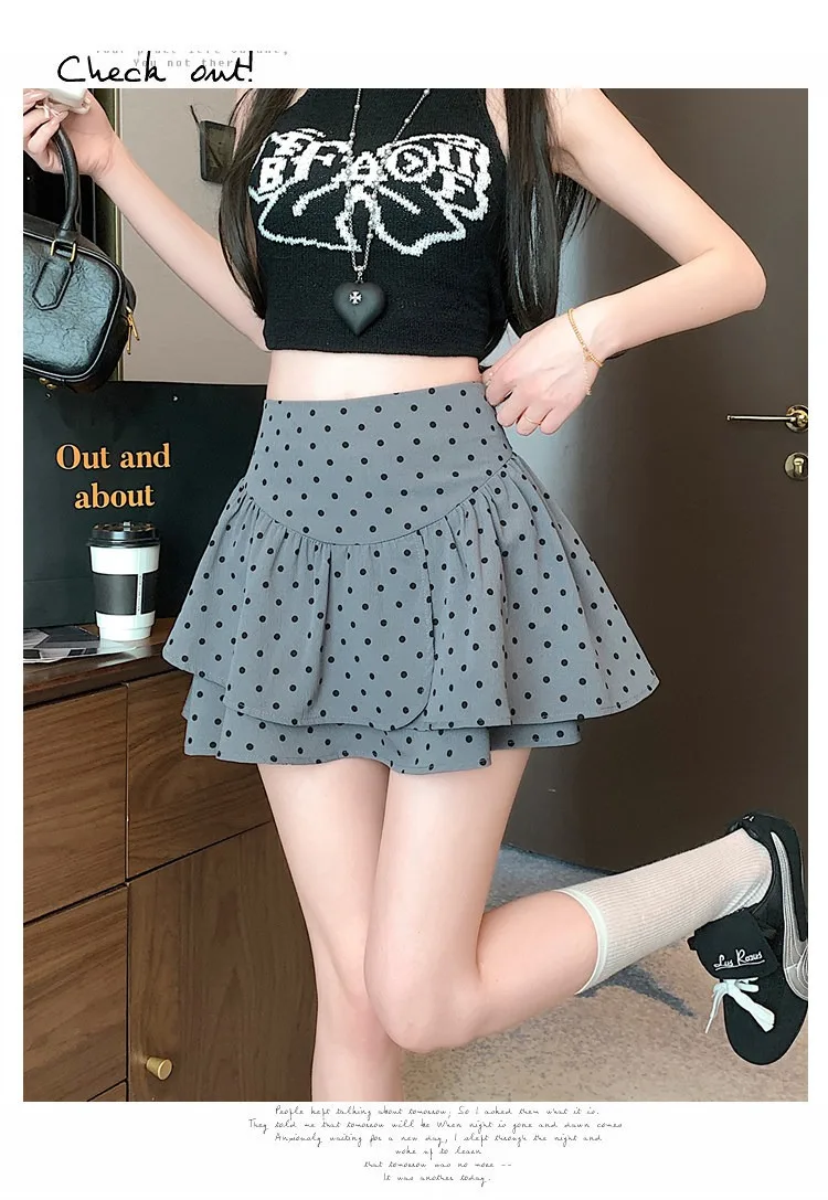 Koreanischer Stil Damen Polka Dot Minirock Hohe Taille Rüschen A-Linie Lässiger Pendler-Kurzrock mit Innenfutter – Detail 11