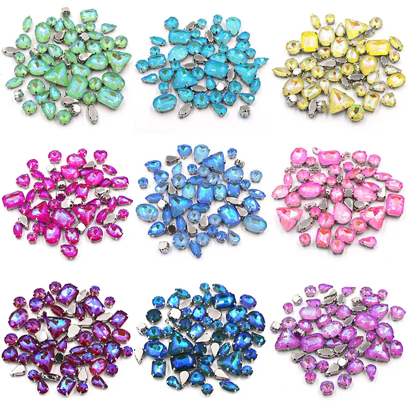 New 50Pcs/Bag Mix Shape Crystal Stones Sewing Sliver Claw Setting Glass Mocha AB Rhinestone Diy Bags/Shoes/Clothing Accessories