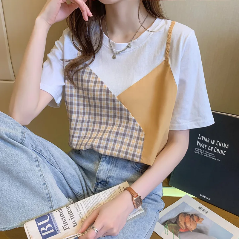 T-shirt women\'s summer new fake two-piece short-sleeved loose Joker shoulder plaid stitching contrast cotton top