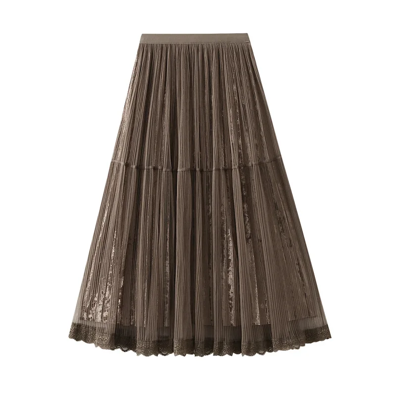 

Temperament drape, mesh velvet pleated skirt, women's 2025 new high waist slimming skirt, A-line long skirt
