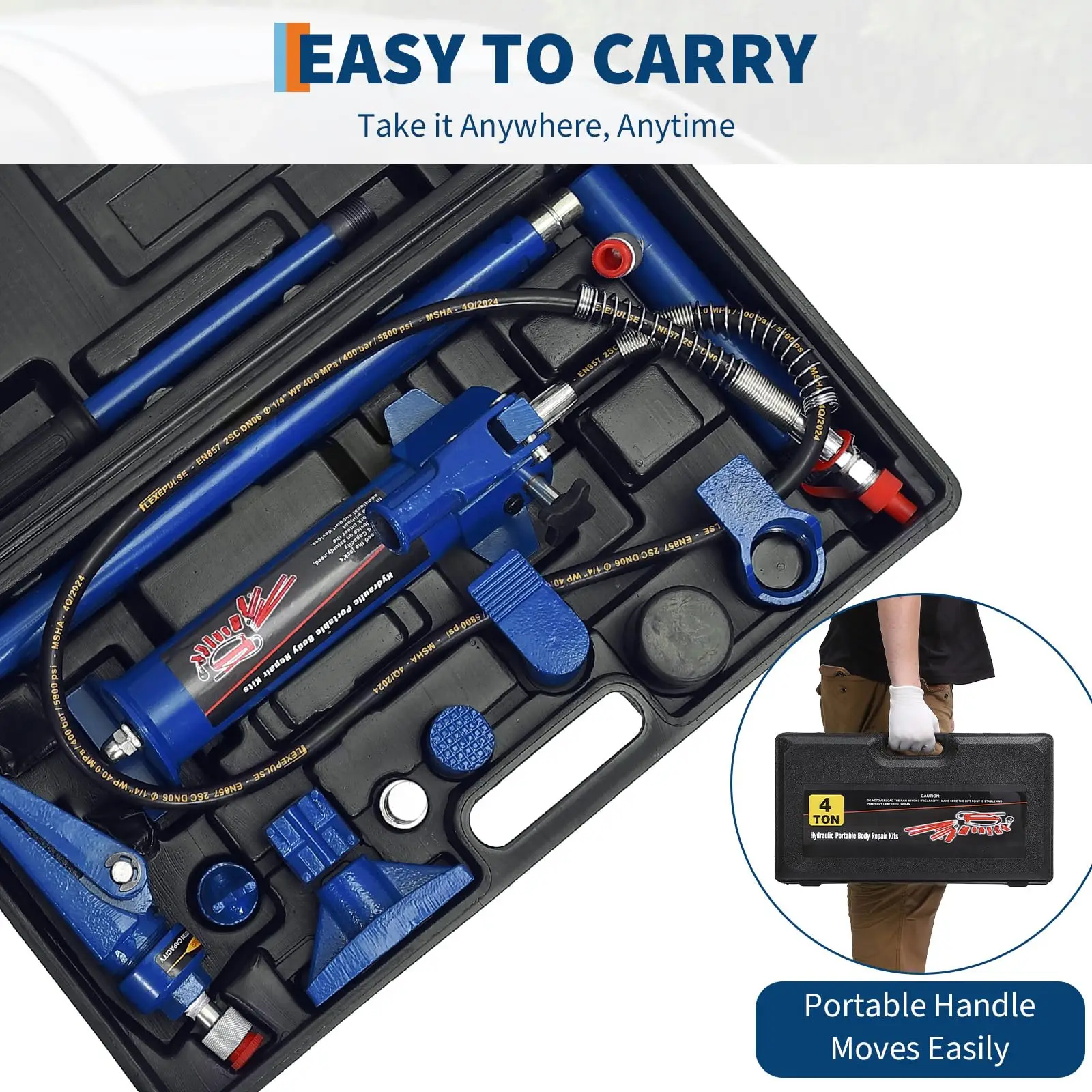 20 Ton Heavy Duty Hydraulic Porta Power Jack Kit with 4.6 ft Hose – Professional Auto Body Repair & Frame Straightening Tool for Garage & Construction – Includes Durable Storage Case