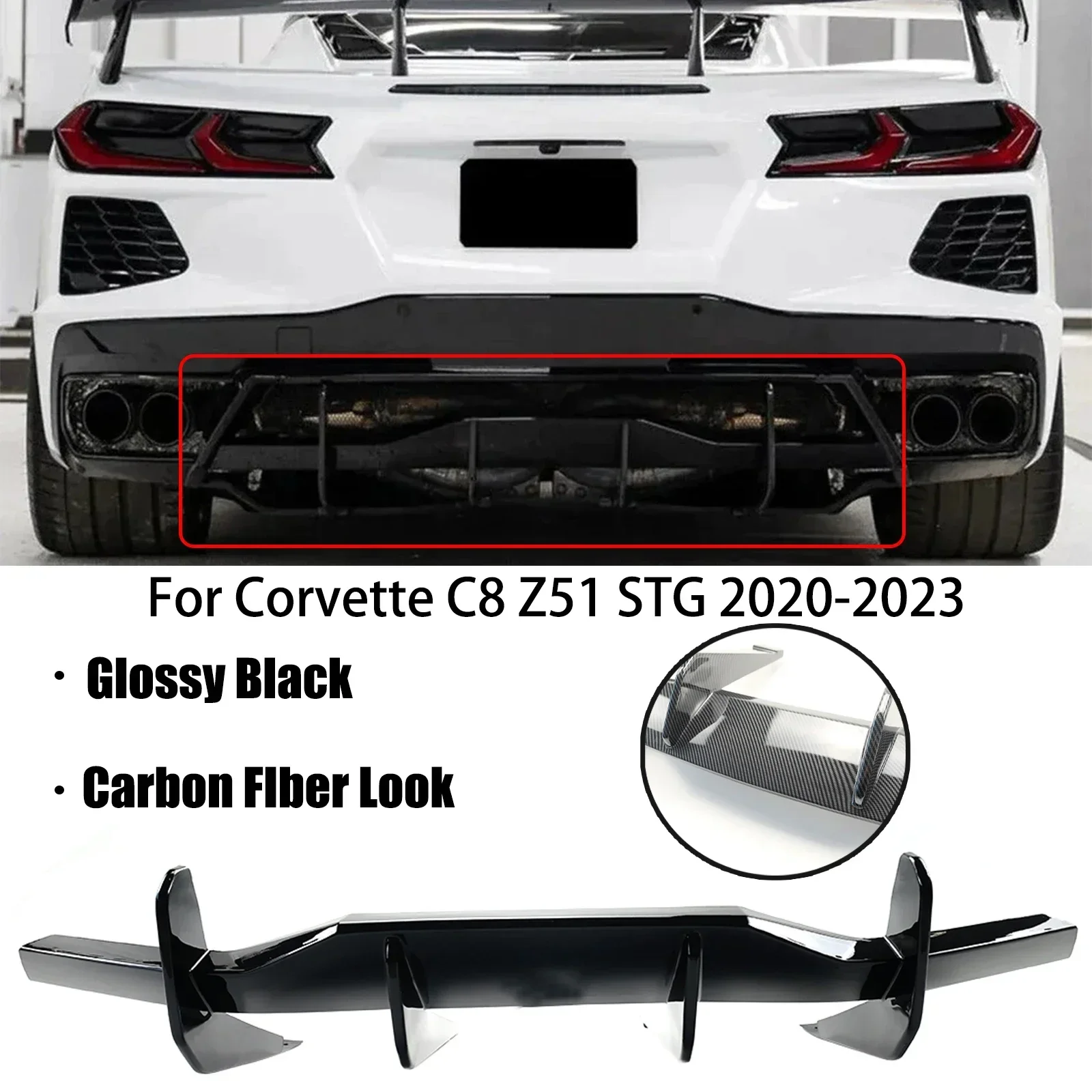 

Rear Bumper Diffuser For 2020-2023 Chevrolet Corvette C8 Z51 STG E-ray Rear Lip Splitter Spoiler Glossy Black Shark Fin Style