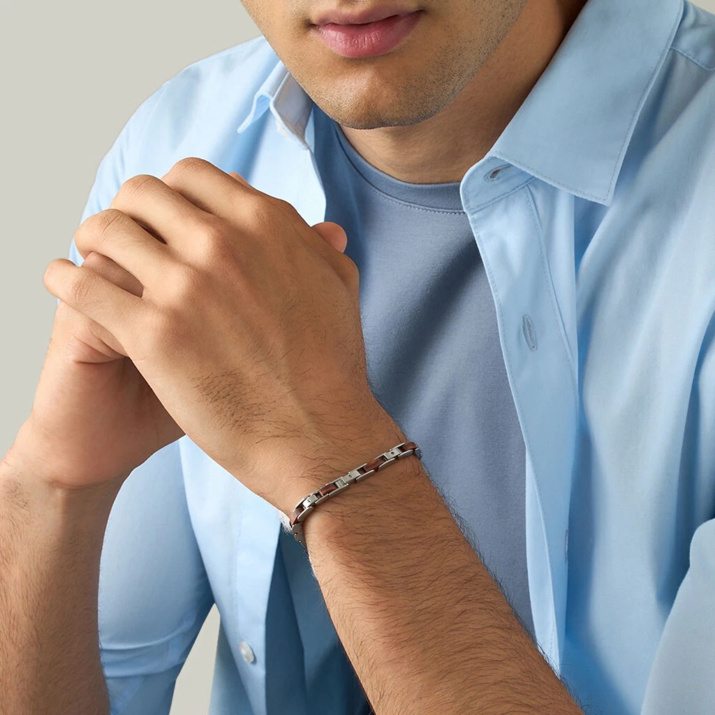 Runda Men's Wooden Bracelet 22cm Adjustable Stainless Steel Link Chain Handmade Natural Fashion Accessory - Image 2