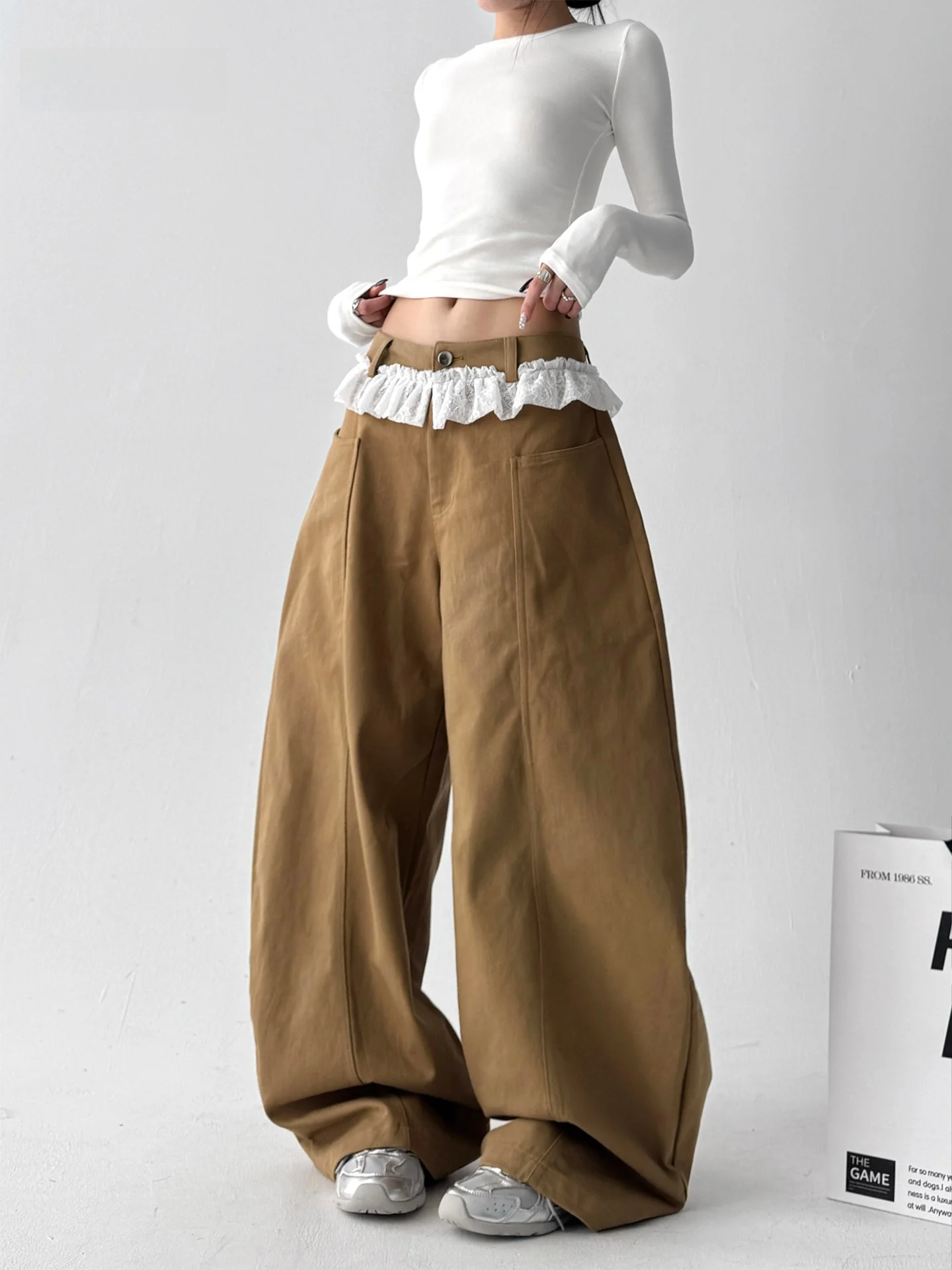 

American Style High Waist Straight Leg Jeans Lace Patchwork Wide Leg Pants Women's Spring New Arrival Commute Style Cotton