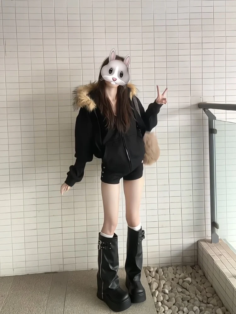 American high street feminino fce forrado jaet colarinho casaco solto casual versátil outono inverno 2024 novo sle casal hoodie