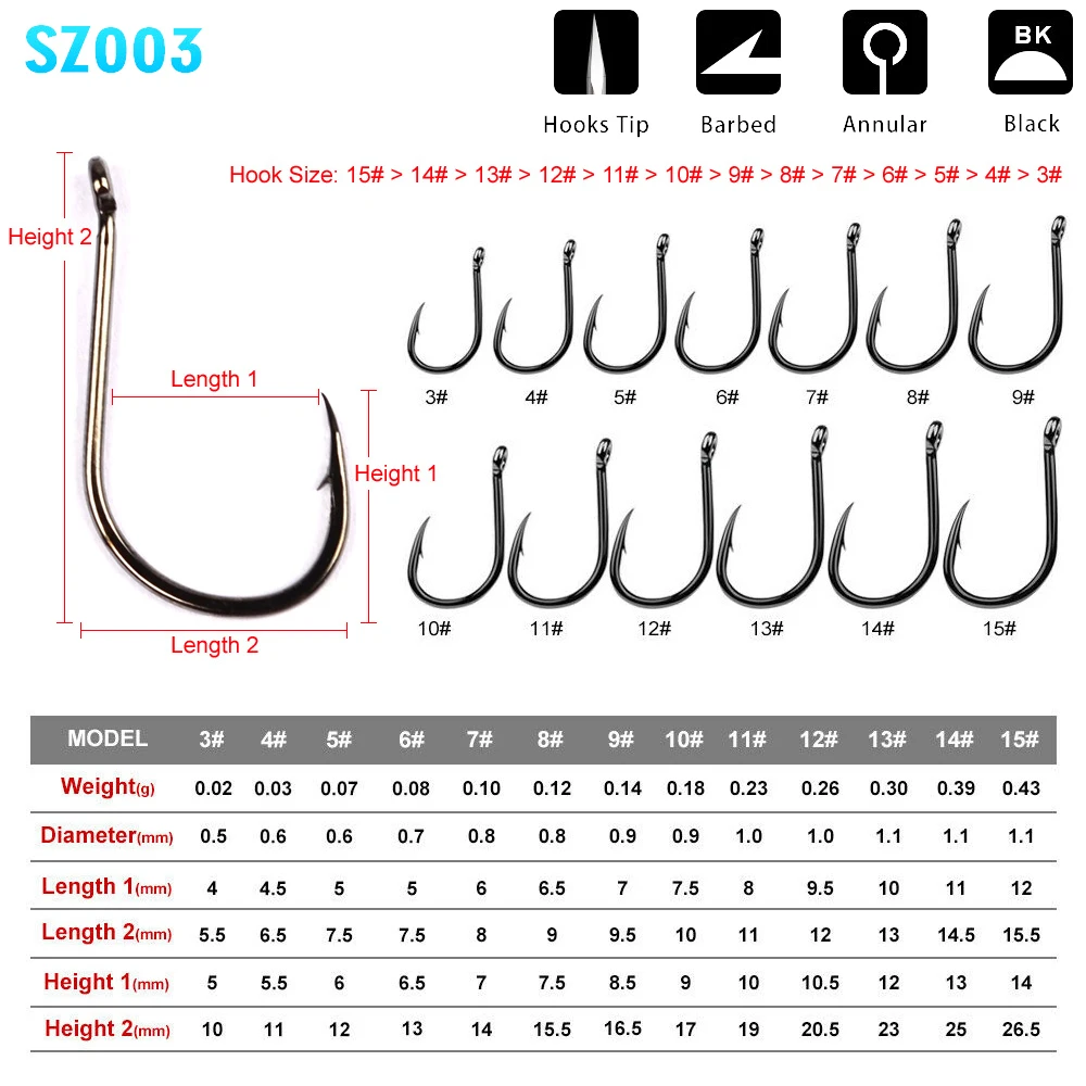 Lot 200pcs High Carbon Steel Annular Barbed Fishhooks 3#-15# Flat Carp Fishing Hooks Single Jigging Hooks Accessories Tackle