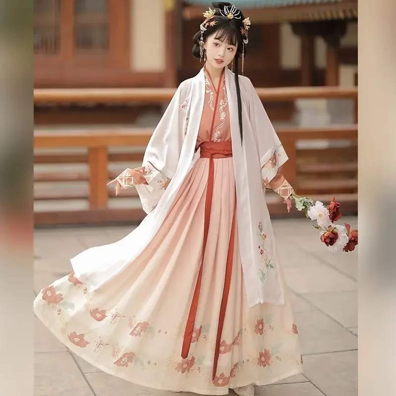 

Women Traditional Chinese Hanfu White Embroidered Coat Burgundy Cross Collar Blouse Printed Horse-faced Skirt Evening Dresses