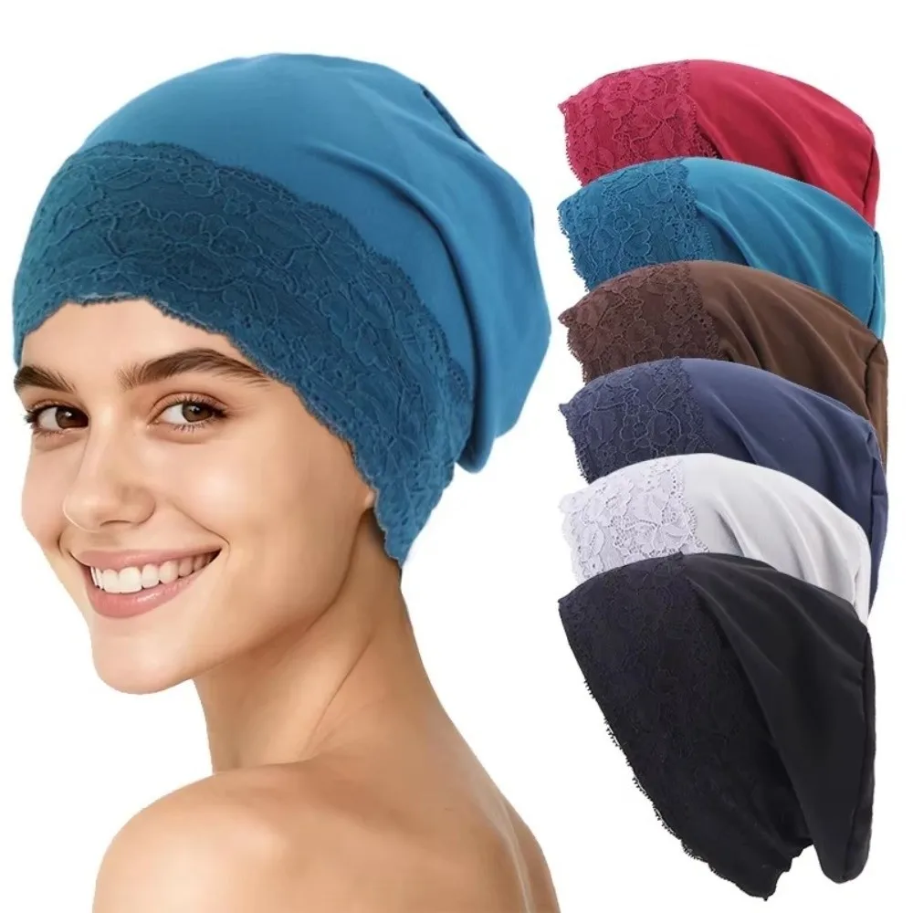 Elegant Lace Trim Slouchy Beanie Soft Elastic Stretch Fit Sleep Cap Lightweight Design Breathable Fabric Head Cover Daily Wear