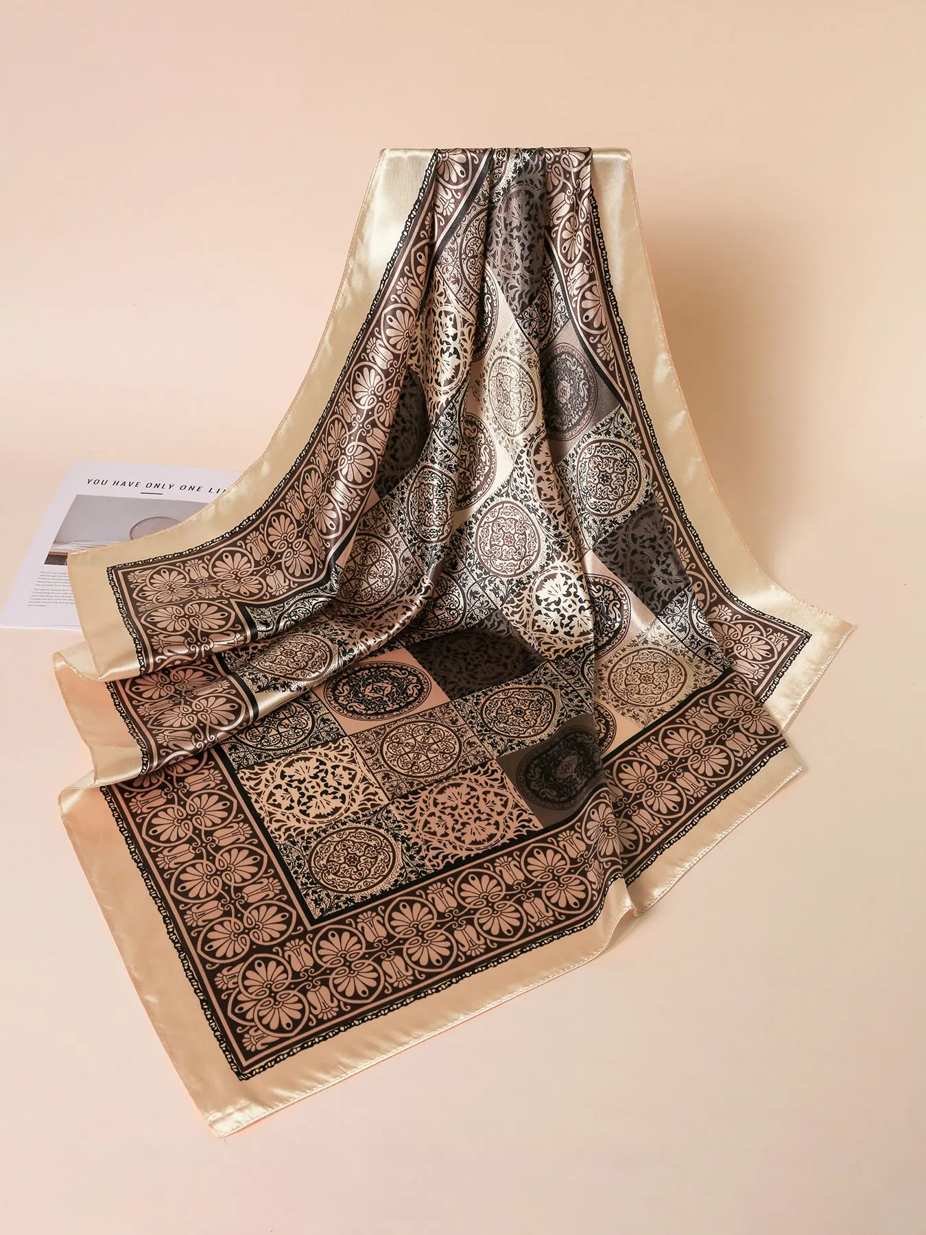Elegant Ladies Satin Bandana Headscarf, Classic Ethnic Ornamental Print Square Scarf for Hair Wrapping and Decor