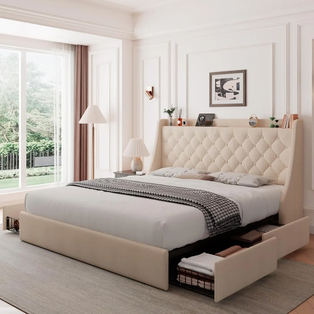 

Feonase Upholstered Queen Bed Frame with 4 Storage Drawers, Charging Station and Tufted Wingback Storage Headboard