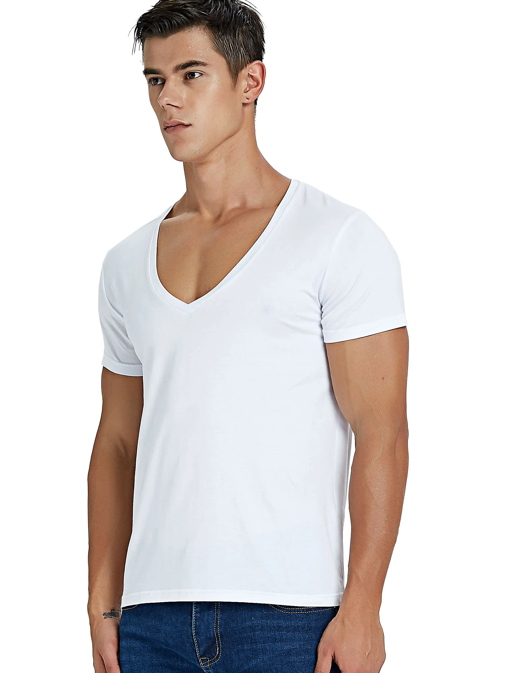 Stretch Deep V Neck T Shirt for Men Low Cut Vneck Vee Top Tees Slim Fit Short Sleeve Fashion Male Tshirt Invisible Undershirt