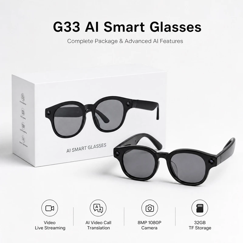G33 Smart Glasses 8MP Photography EIS Video Stabilisation Video Recording Live Streaming Video Calls and AI Translation