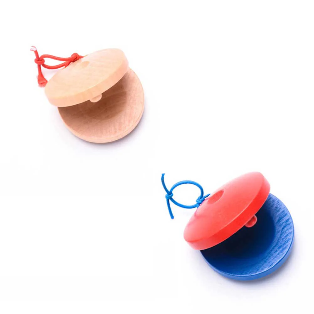 4pcs Percussion Instrument Wooden Finger Castanet Musical Percussion for Children's Early Education (Wood Color And Blue)