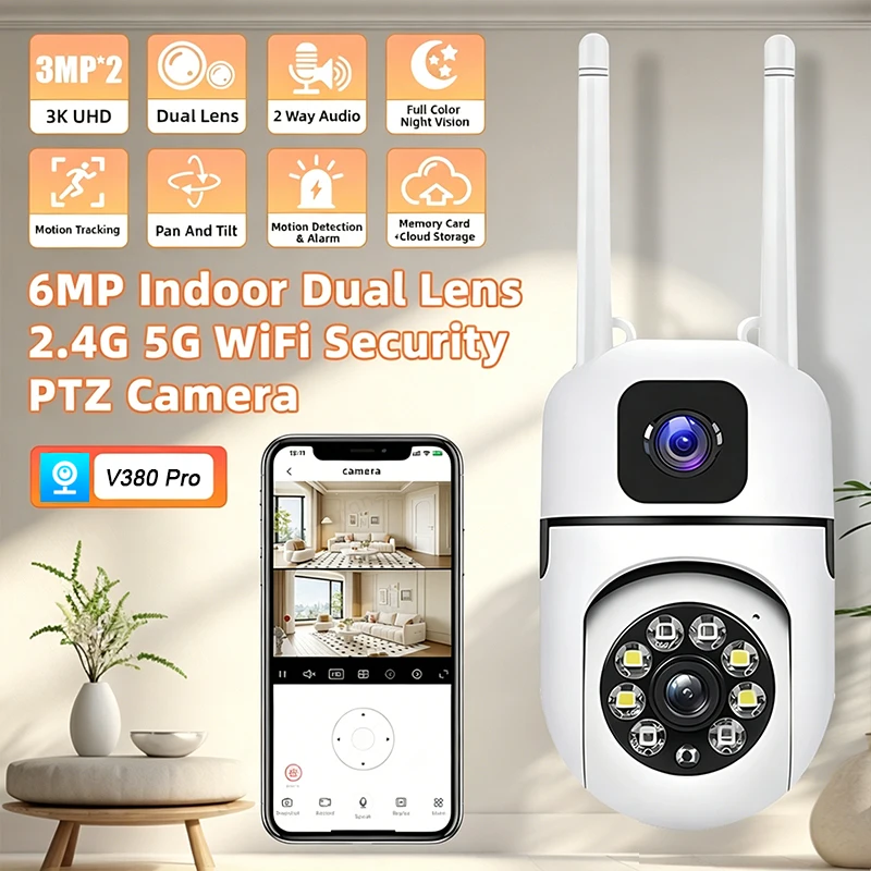 Indoor Security Camera Night Vision Two Way Audio Baby Monitor Dual Lens 6MP WiFi IP Camera 360° Pan Tilt