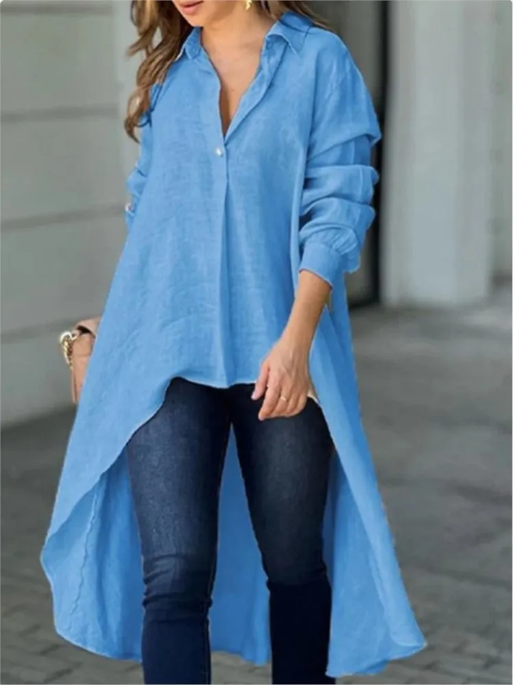 

Spring Autumn Fashion Solid Maxi Shirt Lapel Women Buttons Neckline Long Sleeve Shirt Irregular Hem Loose Fit Thin Shirt Tops
