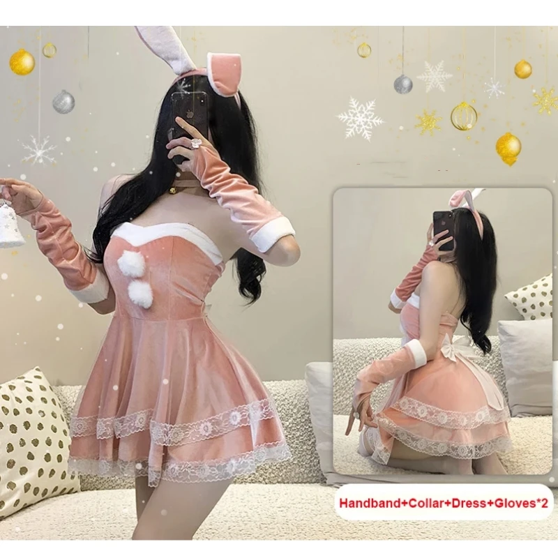 Bunny Girl Suit Role Play Anime Movie Female Pink Red Maid Outfit Sweet Sexy Solid Color Lace Velvet Dress Christmas Uniform Set