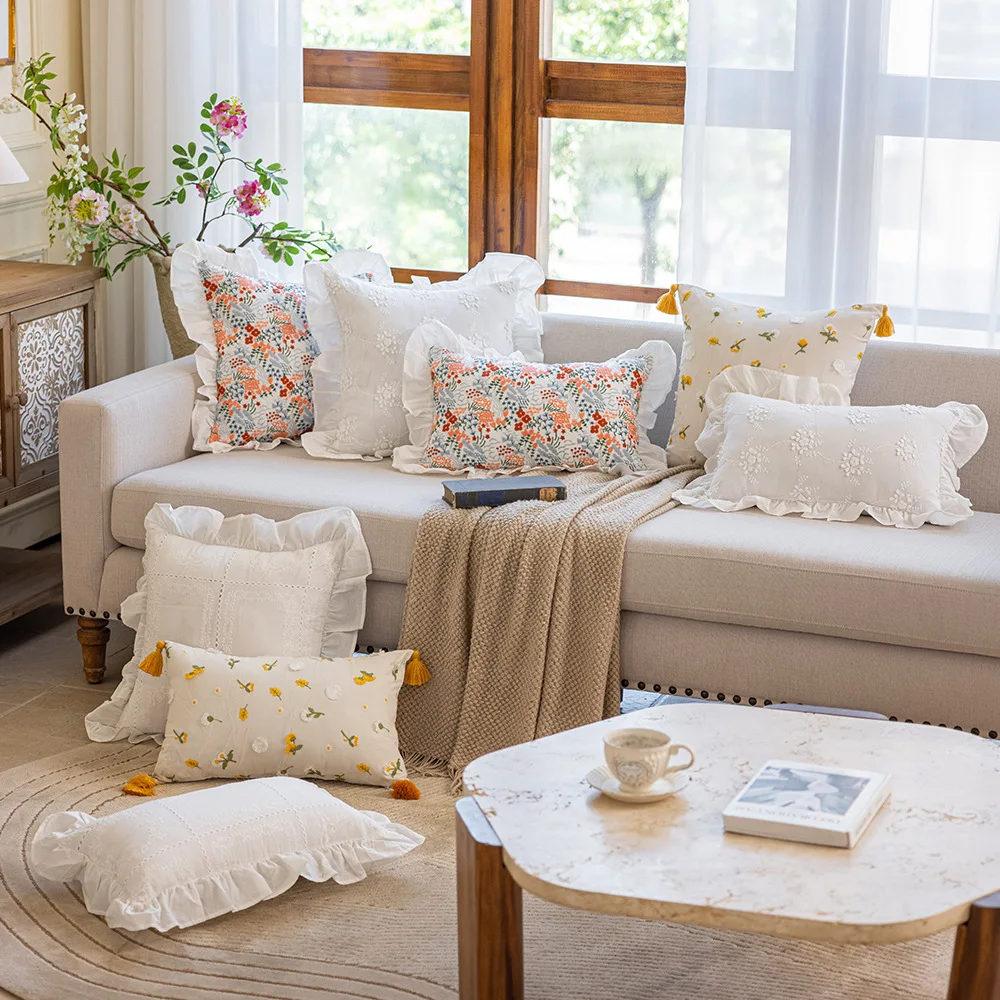 French Romance Pastoral Cushion Cover 45x45cm Lotus Leaf Edge Lace Cotton Flower Embroidered Throw Pillow Cover Sofa Home Decor