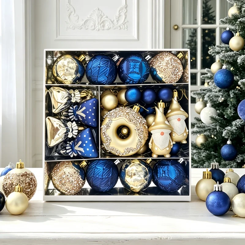 60PCS Value Pack Blue  Gold Christmas Ornaments Set XMAS Hanging Baubles Assorted Styles for Festive Season Christmas Decor
