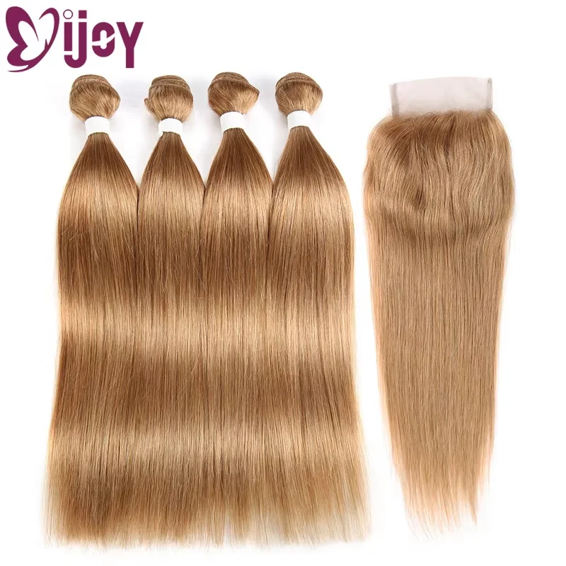 Pacotes de cabelo humano reto com fechamento brasileiro remy cabelo 3/4 pacotes com fechamento 4x4 mel loira pacotes com fecho ijoy