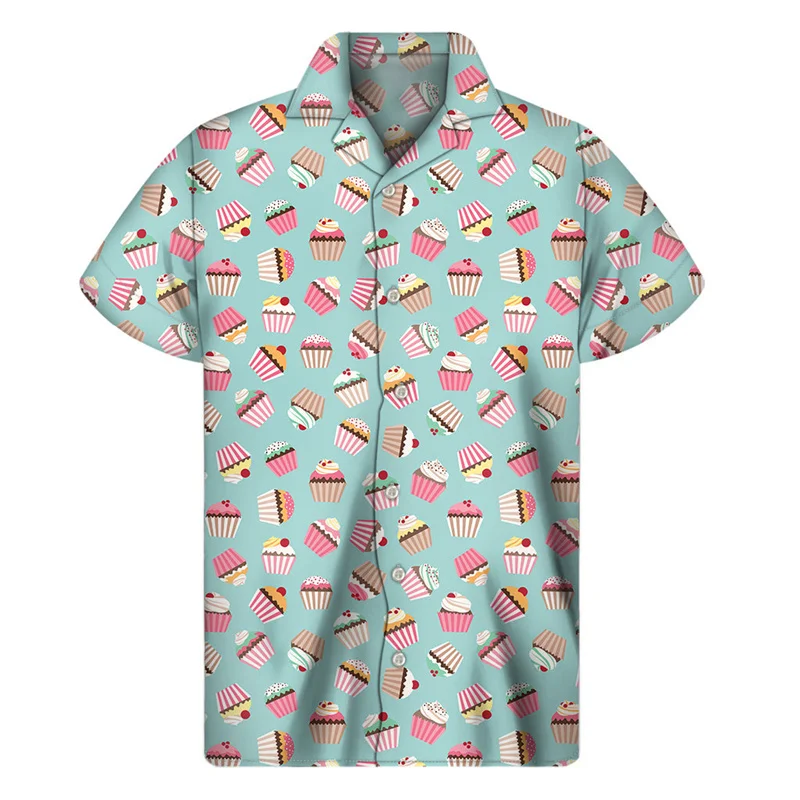 Colorful Cupcake Graphic Hawaiian Shirts Fashion Trend Holidaywear 3D Printed Shirt Summer Lapel Button Mens Loose Casual Blouse