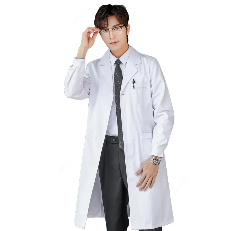 Uniformes médicos de manga curta para homens e mulheres, casaco branco com cinto de cintura ajustável, vestido de enfermeira, manga comprida