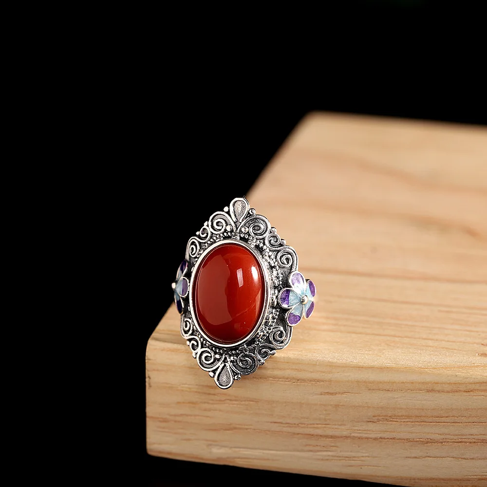 S925 Silver Jewelry Nepalese Handmade Women's Oval Egg Face South Red Thai Silver Vintage Ring Burnt Blue