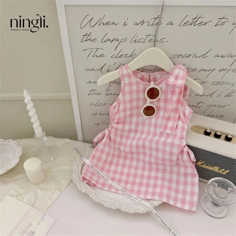 Girls' Dress2024Summer Trendy Sense of Design Baby Girl Pink Plaid Princess Vest Dress