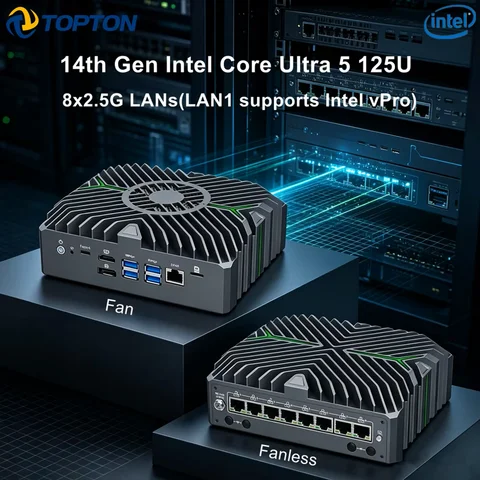 Topton Metal Firewall Mini PC 14th Gen Intel Core Ultra 5 125U 8*2.5G LAN VPro IoT AI Edge Industrial Computer Network Server