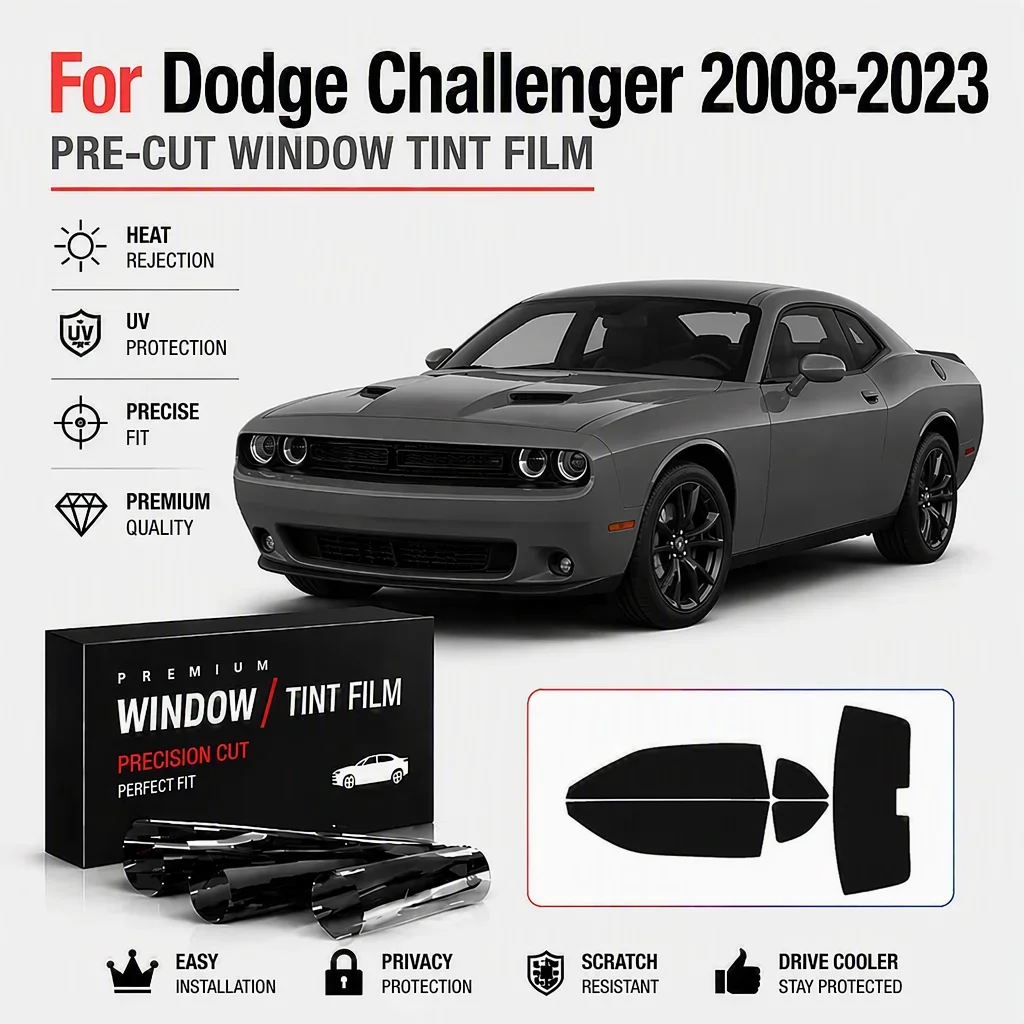 Auto PreCut Window Tint Film For Dodge Challenger 2008‑2023, 2Ply Break‑Resist, Heat Insulation, UV Blocking, Privacy Protection
