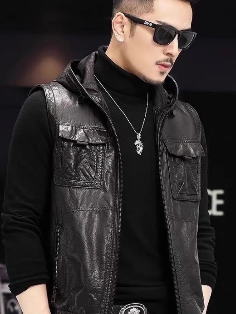 Punk Genuine Leather Vest Men Streetwear Hooded Sleeveless Motorcycle Jacket Zip Vintage Casual Cowhide Cargo Waistcoat Size 5XL
