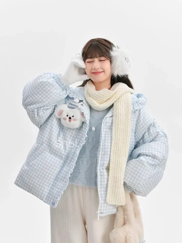 Mori Girl Style Lolita Sweet Women Parkas Quilted Coats Thicken Winter Puffer Jacket Sky Blue Plaid Cute Dog Ruffled Edge Hooded