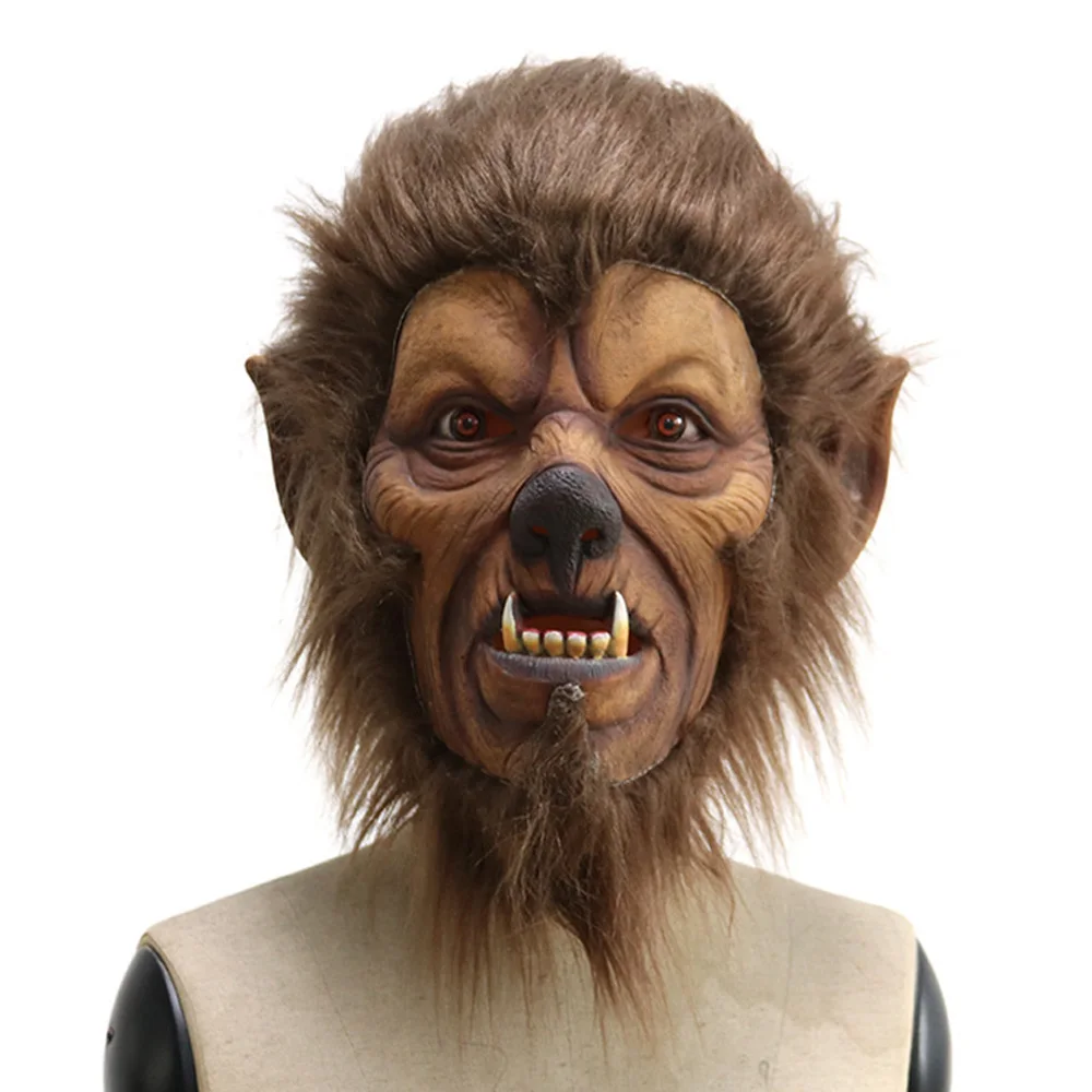 Realistic Werewolf Latex Mask with Brown Fur Cosplay Scary Wolf Beast Animal Latex Masks Halloween Carnival Party Costume Props