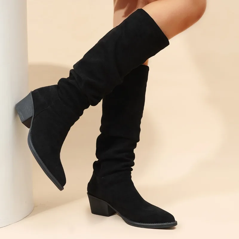 2024 Winter Women's Pleated Boots Knee High Suede Warm and Fashionable Slip-on Low Heel Casual Short Rider Boots