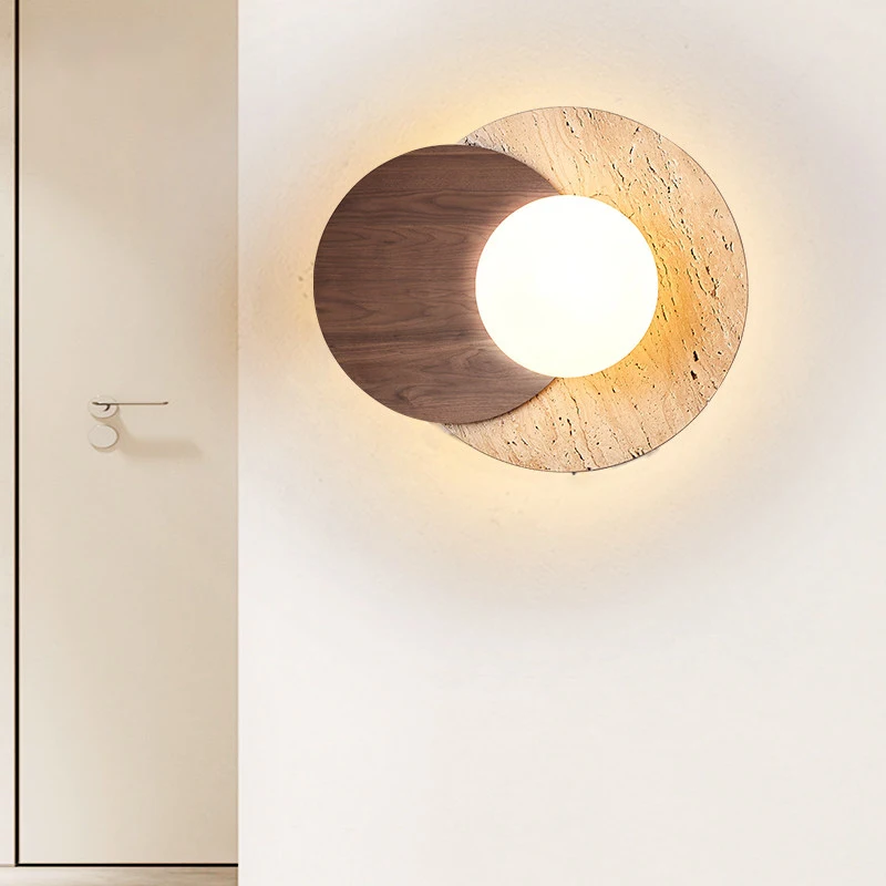 Wood Round Travertine Wall Sconce Wabi-Sabi Yellow Travertine Series Bedside Wall Light