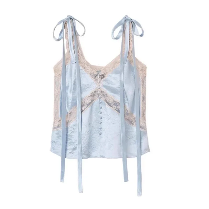 2026 Summer New Women's Lace-Trimmed Sleeveless Camisole with Bow Tie High-Quality Lace Sheer Fashionable Sexy Backless Tank Top