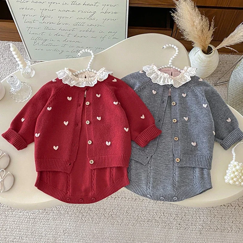2025 New Autumn Toddler Baby Girls Clothing Sets Long Sleeved Knitted Cardigan Sweater+Jumpsuit 0-24M Children Clothes Suit