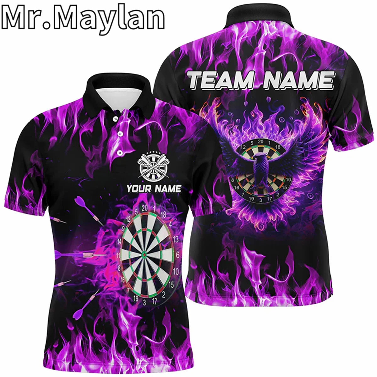 

3D Personalized Purple Darts Board Fire Flame Eagle Darts Polo Shirts For Men Custom Dart Team Jerseys Gifts For Darts Lovers