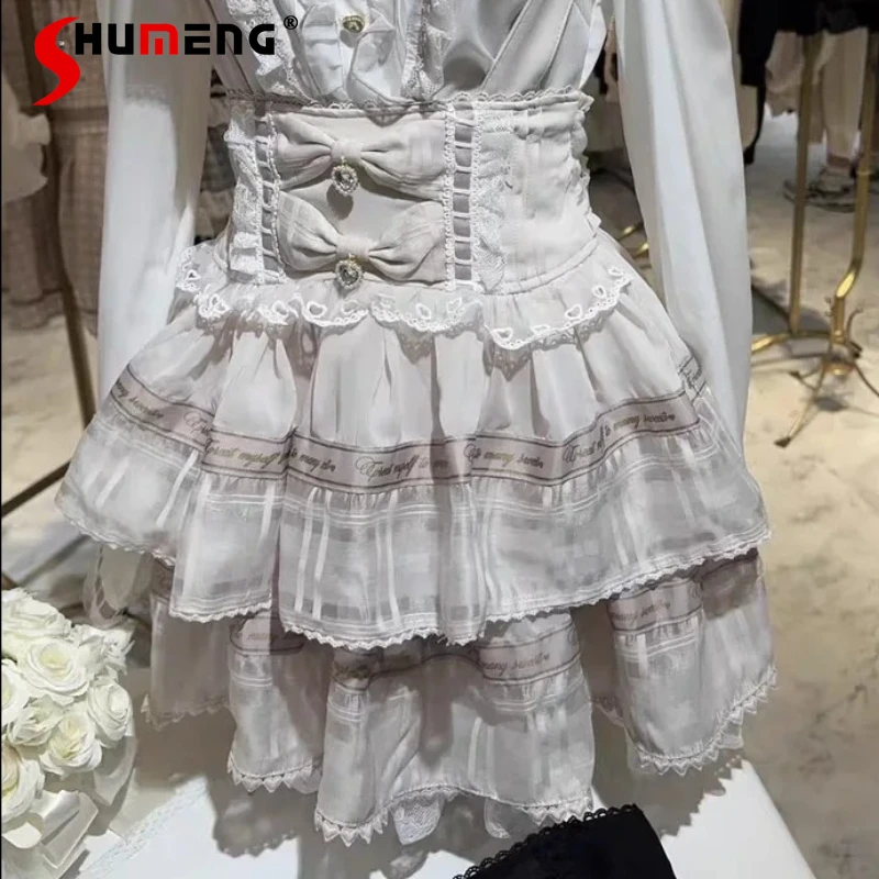 

Japanese Style Liz Sweet Cute Kawaii Skirt Mesh Lace Patchwork High Waist Bow Versatile Short Lolita Strap Skirts Women Summer