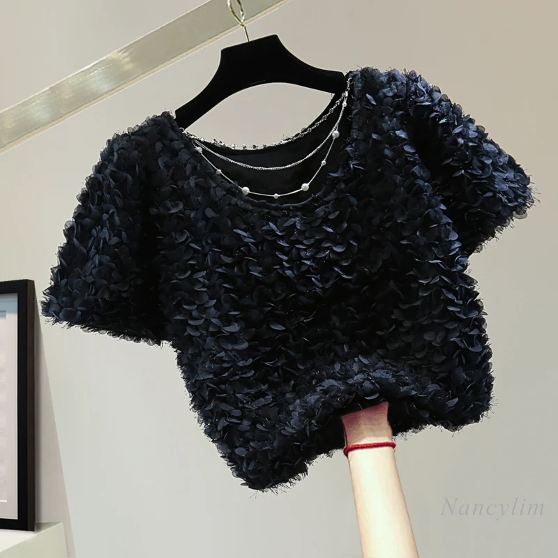Summer Petal Tassel Blouse Women's Korean Style Round-Neck High Waist Short Solid Color Puff Sleeve Petal Top 2024