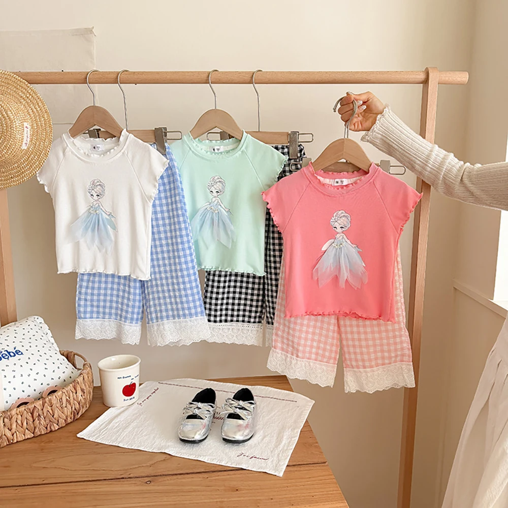 Toddler Girls 2-Piece Summer Outfit Cartoon Print Ruffles T-shirts+Lace Plaid Pants 2Pcs for Kids Thin Children Clothes Sets