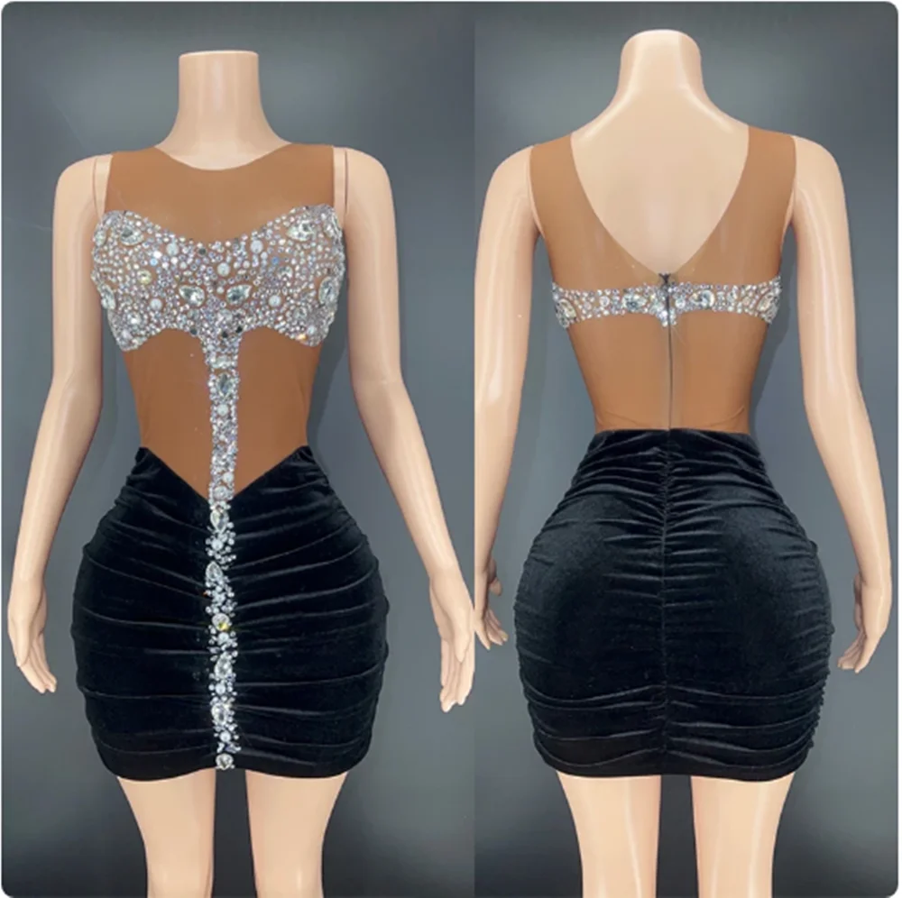 Velet Stitching Rhinestone Dress Adult Women Rave Outfit Nightclub Singer DJ Performance Stage Costume Drag Queen Clothes