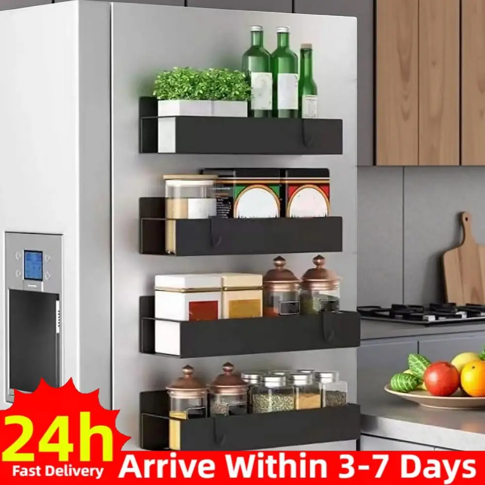 4 Pack Black Fridge Organizers Storage Space Saving Metal Strong Magnet Shelfs Easy To Install for Refrigerator Kitchen Bathroom