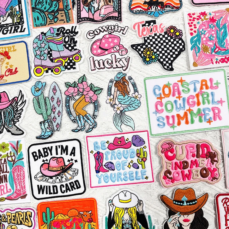 Cowgirl Mermaid Embroidered Patches On Clothes Western Cowboy Boots Iron On Patches For Clothing Thermoadhesive Patches Sewing
