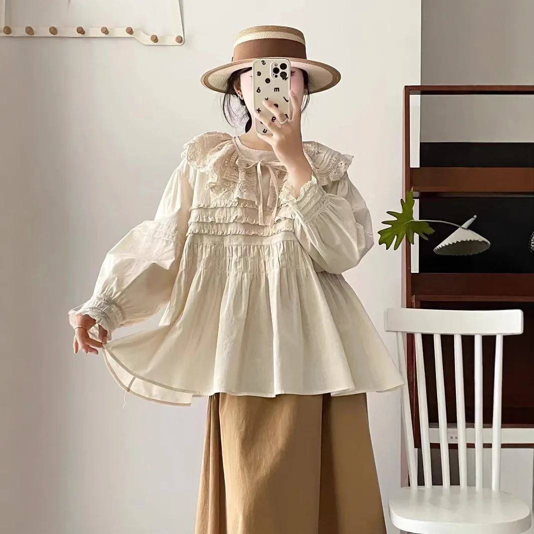 Spring New Japanese Sweet Mori Girl Embroidery Peter Pan Collar Shirts Women Long Sleeve Solid Color Casual Loose Tops