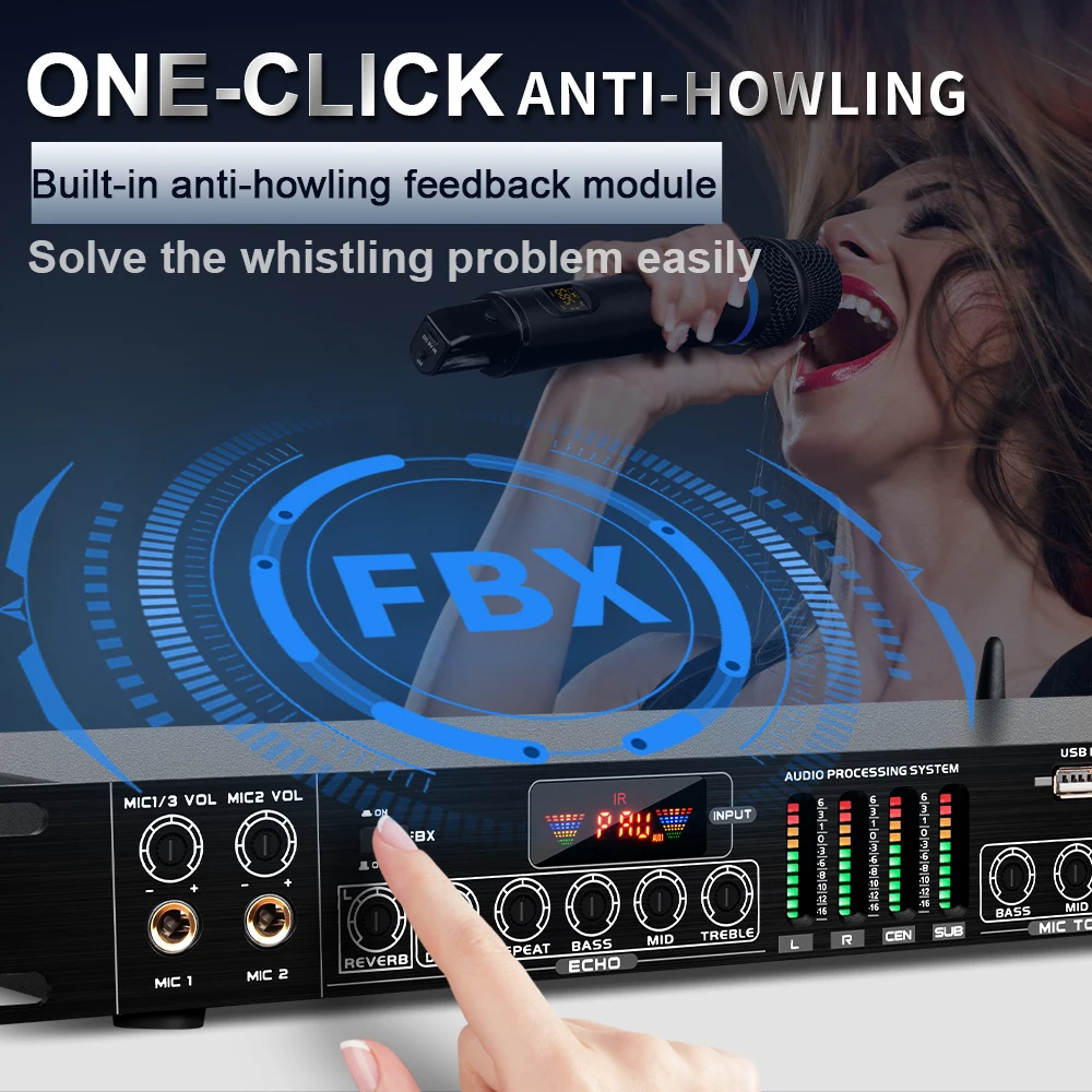 نظام صوت معالج الصوت Biner FBX-8 Anti Howling KTV المسبق مع 2 ميكروفونات للكاريوكي المنزلي