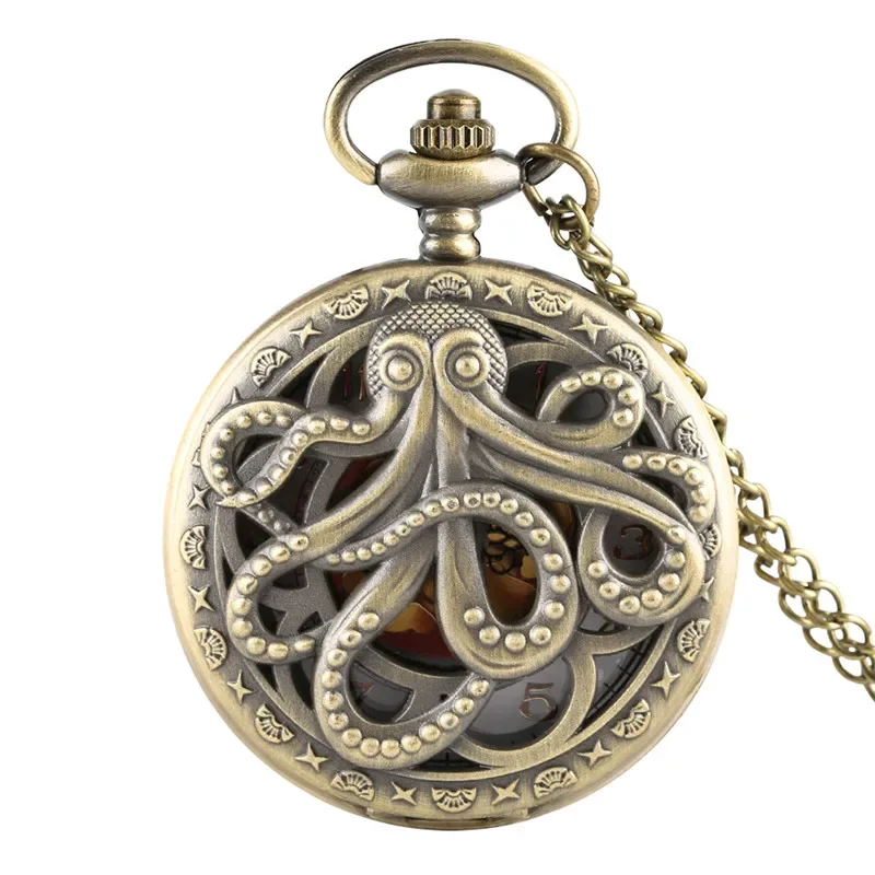 Vintage Bronze Hollow Octopus Cover Arabic Number Quartz Pocket Watch for Men Women Necklace Sweater Chain Antique Timepiece