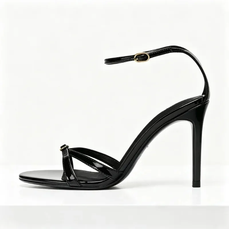 Black Patent Leather Buckle High Heel Sandals Women Fashion Round Toe Ankle Strap Party Dress Shoes Elegant Brand Designer Shoes